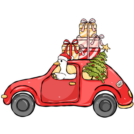Cute Christmas Goose Driving Red Car Clipart. Silly Goose Holiday Illustrationの写真素材