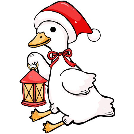Illustration of a goose in a Santa Claus Hat Holding a Lanternの写真素材