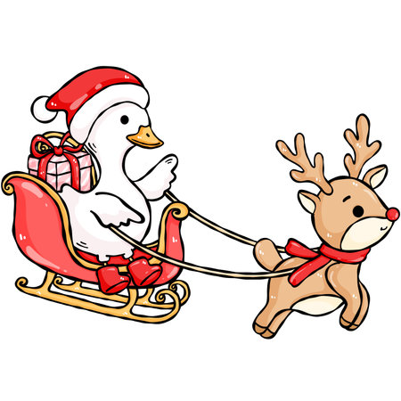 Festive Christmas concept with a reindeer pulling a traditional wooden sled. A cheerful goose is riding on the sled among colorful Christmas gift boxes.の写真素材