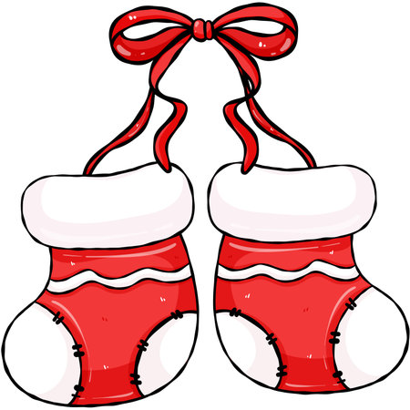 Illustration of Christmas socks with a red bow on a white backgroundの写真素材