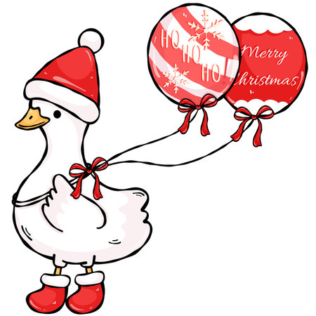 A cheerful goose holding two Christmas balloons against a transparent background. Perfect for festive designs.の写真素材