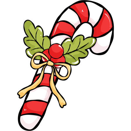 Illustration of a Christmas Candy Cane with Ribbon and Holly Berryの写真素材