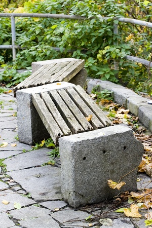 A beautiful calm scene. Fallen autumnal leaves and benches.