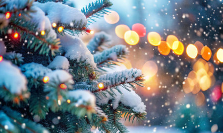 Christmas tree branches in festive lights under falling snowの素材