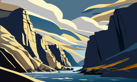 Sea inlet surrounded by mountains, vector illustration.のイラスト素材