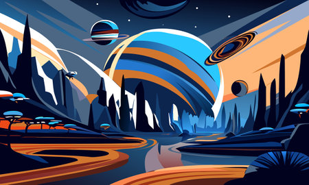 Abstract retro poster with space alien landscape.のイラスト素材