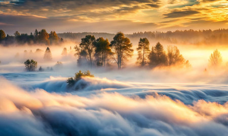 Beautiful sunset over the forest shrouded in fogの素材