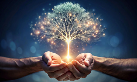 A tree emerging from the light above the open palms of mens handsの素材