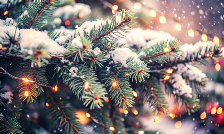 Snow-covered fir tree branch with Christmas lights in snowfallの素材