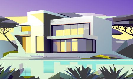 Vector graphics. A southern landscape with a modern cottage by the seaのイラスト素材