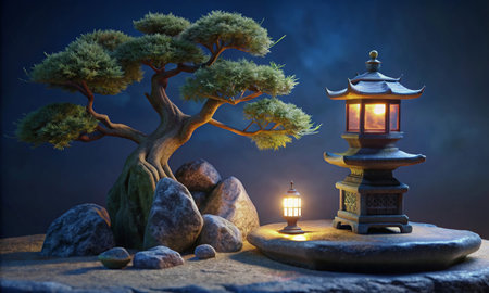 A quiet night in a Japanese garden under the light of a pocket lanternの素材