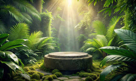 There is a stone podium set against the backdrop of a tropical jungleの素材