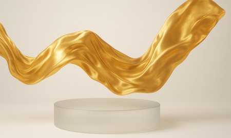 Golden drapery develops behind the podium on a light backgroundの素材