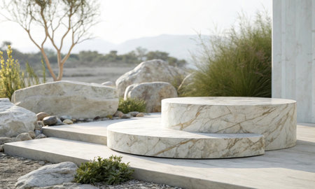 Among the natural stones, the stone podium is illuminated by bright sunlightの素材