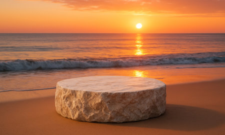 A stone podium on a sandy beach with sea and sunsetの素材