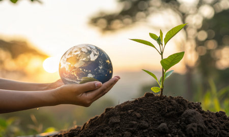 The symbol of nature protection is hands with earth, a tree and the planet Earthの素材