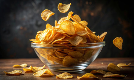 Clear glass bowl filled with golden, thin, and crispy potato chipsの素材