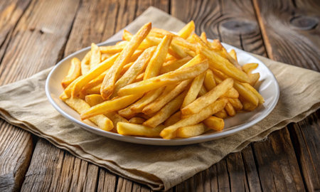Golden French fries on a white plate placed on a cloth napkinの素材