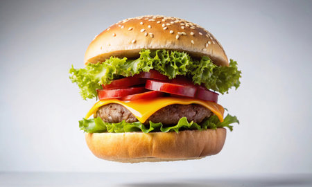 Appetizing cheeseburger hanging in the air on a white backgroundの素材