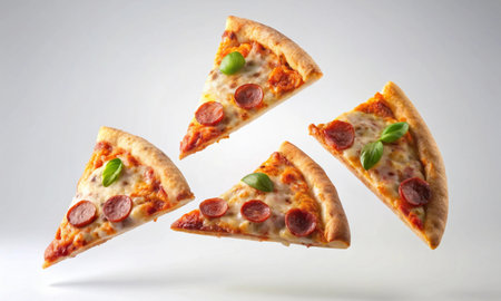Four appetizing pizza slices floating in the air on a white backgroundの素材