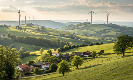 Green hills and wind turbines in the countryside in summerの素材