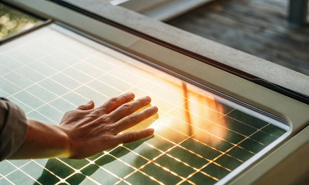 Solar energy and a human hand in the warm evening lightの素材