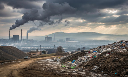 Environmental pollution and industrial emissions, factory smoke and landfillの素材