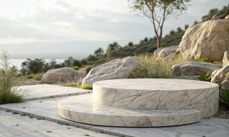 Against the background of light natural stones, the podium is illuminatedの素材