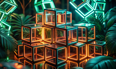 Three-dimensional neon cubes in space, abstract visualizationの素材