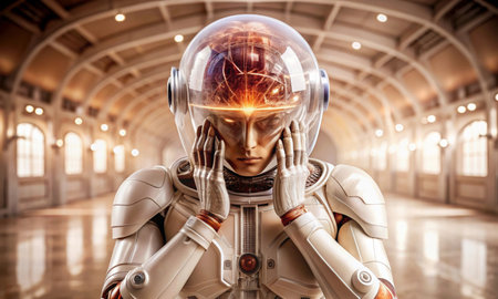 The cyborg pressed his hands to the helmet, through which his head is visibleの素材