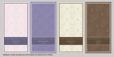 Set of templates with cute hand drawn cupcake illustrations. Restaurant, cafe branding elements. Perfect for banners, greeting cards, invitations, menu, flyers and more. Bonus: four seamless patterns.のイラスト素材