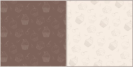 Set of seamless vector patterns with cute hand drawn cupcakes. Restaurant or cafe branding elements. Perfect for packing, banners, greeting cards, invitations, menu, flyers, web design and moreのイラスト素材