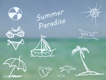 Beach elements on blurred ocean background. Doodle sketch design elements mega vector illustration set. Decorative background for cards, invitations, posters, cards, web design and more.のイラスト素材