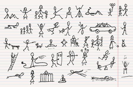 People in motions. Big group of unrecognizable people.  Doodle sketch design elements mega vector illustration set. Decorative background for cards, invitations, web design.のイラスト素材