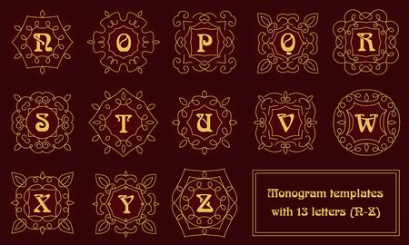 Set of monogram templates for business cards and invitations. Floral logo design elements. Classic ornamental abstract vector illustration. Emblem or badge in outline style.のイラスト素材