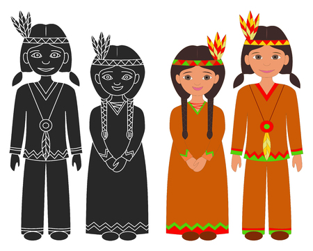 Hand drawn Native American Indian boy and girl. Thanksgiving isolated graphic elements on white background. Flat color design and black silhouette icons.のイラスト素材