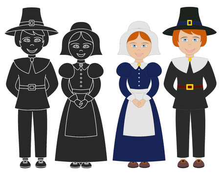 Hand drawn Pilgrim boy and girl. Thanksgiving isolated graphic elements on white background. Flat color design and black silhouette icons.のイラスト素材