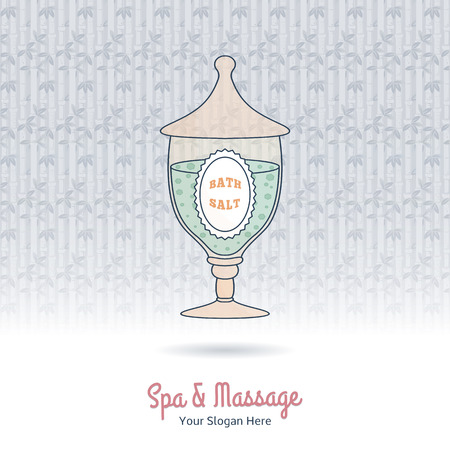 Hand drawn glass jar with spa salt. Branding elements on grange background. Concept for beauty salon, massage, cosmetic and spa. Isolated high quality vector graphic. Easy to use business template.のイラスト素材