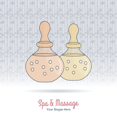 Hand drawn bottle of spa oil, branding identity elements on grange background. Concept for beauty salon, massage, cosmetic and spa. Isolated high quality vector. Easy to use business template.のイラスト素材