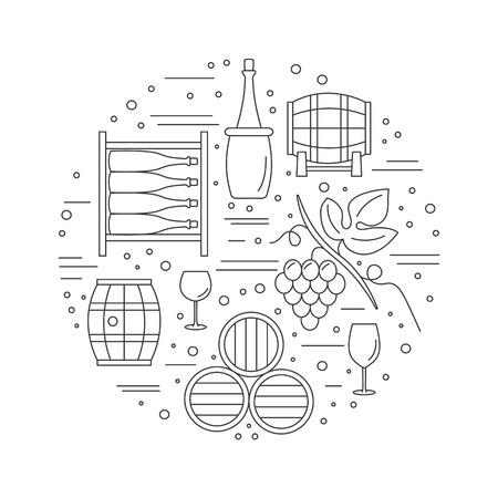 Round composition with winery symbols. Grapes, oak barrel, wine bottle, wine glass, wine tank, wine storage cellar. graphic design elements isolated on white background.のイラスト素材