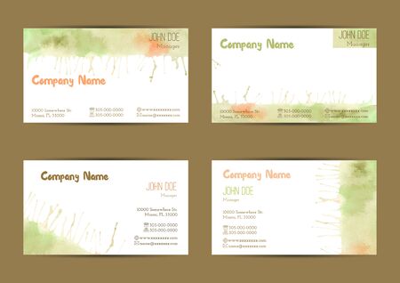 Set of hand painted watercolor horizontal business card templates. Colorful, pastel abstract, green, yellow and orange brush stocks and splashes on a white background. Complied with standard size.のイラスト素材