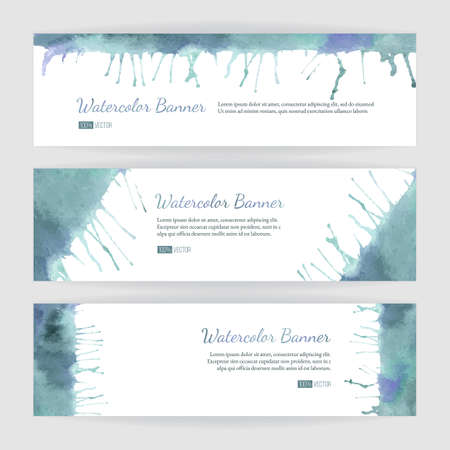 Set of hand painted watercolor horizontal banners, headers. Colorful abstract, blue pastel brush stocks and splashes on a white backgrounds. Modern style graphic design template. Marketing concept.のイラスト素材