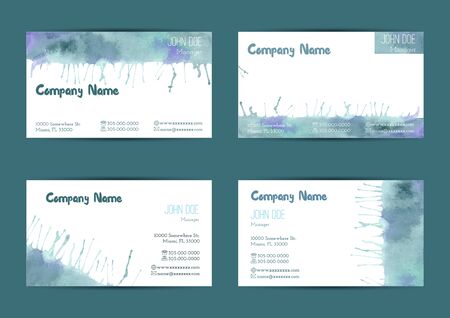 Set of hand painted watercolor horizontal business card templates. Colorful, bright abstract, blue and green brush stocks and splashes on a white background. Complied with the standard size.のイラスト素材