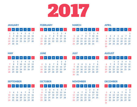 Simple 2017 year calendar. Clean, modern, flat style calendar for 2017 isolated on a white background.のイラスト素材