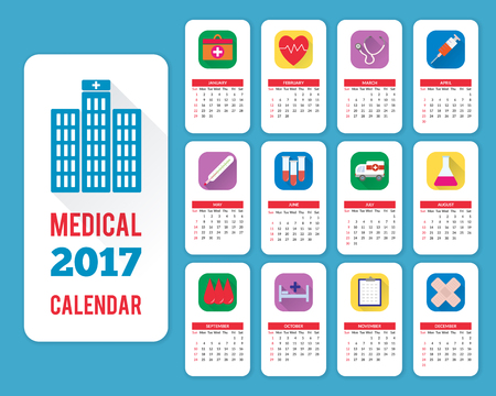 Medical monthly wall calendar for year 2017. Week starts with Sunday. Colorful 2017 calendar with flat medical icons isolated on white background.のイラスト素材
