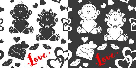 Set of seamless Valentines Day patterns. Black and white with red accent. Modern concept for wedding, Valentines day, party invitation.のイラスト素材