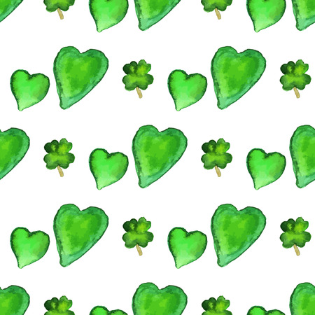 Watercolor seamless pattern with four leaf clover and heart shapes.のイラスト素材