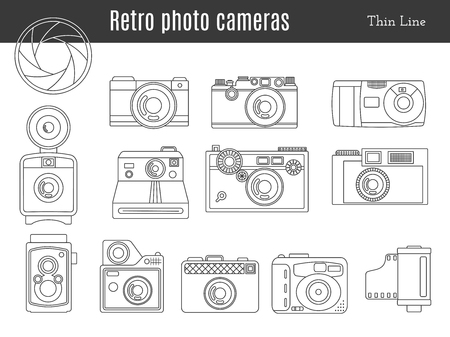 Collection of old retro photo cameras, shutter aperture and film in cartridge. Monochromatic thin line style icons. Vintage graphic design elements isolate on a white background.のイラスト素材