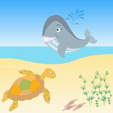 Cute hand drawn cartoon illustration. Sea creatures on a beach. Tropical sea life design.のイラスト素材