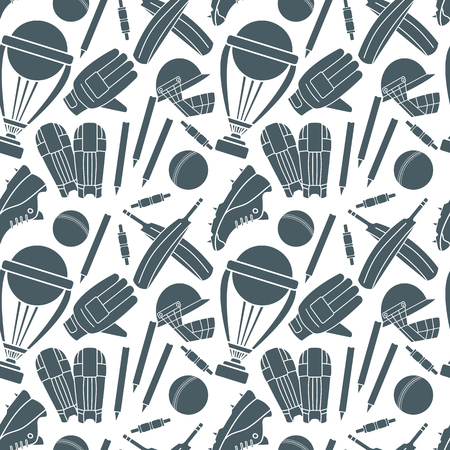 Seamless pattern with hand drawn cricket game silhouettes isolated elements on white background. Cricket ball, bat, cricket glove, sneaker, cricket helmet, batting pads, trophy, bails, stump, wicket.のイラスト素材